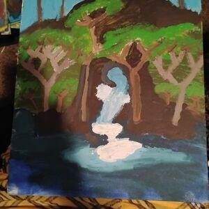 Nicole Forest Waterfall Painting - Green, Blue, Brown, White